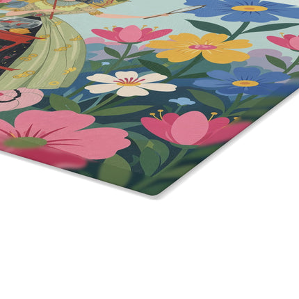 🌸🪞 The Lady Of The Flower Parasol Glass Cutting Board – Art Deco Garden Fantasy