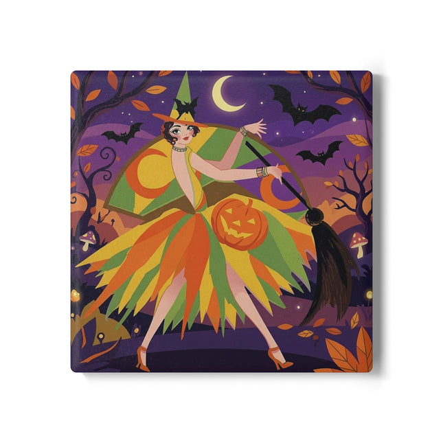 🎃🧙 The Witch Of Jack-O'-Lantern Hollow Ceramic Coaster – Whimsical Halloween Charm