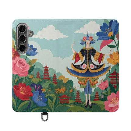 🌸🏯 The Lady Of The Pagoda Garden Flip Case – Art Deco Floral Fantasy