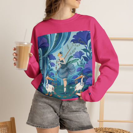 🪶🌺 The Pelican Garden Dance Crewneck Sweatshirt – Art Deco Botanical Whimsy