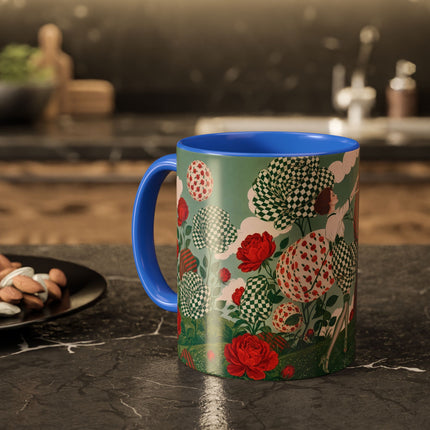 🌹💚 The Scarlet Rose Checkerboard Garden Colorful Mug – Art Deco Floral Whimsy