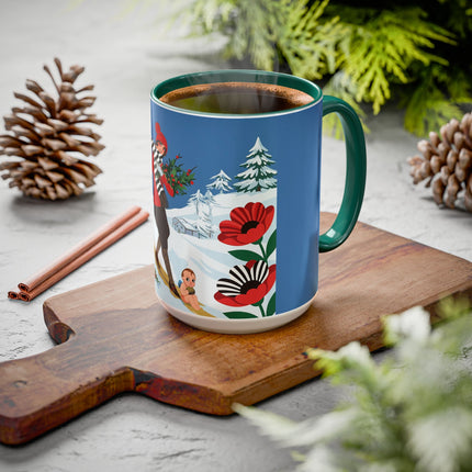 🎿🎄 The Christmas Holly Skier Colorful Mug – Whimsical Holiday Fantasy