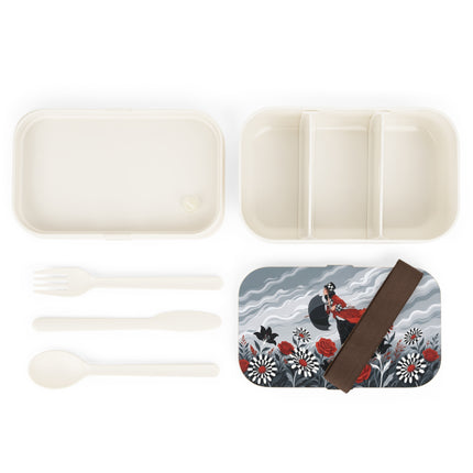 🌹☂️ The Lady In The Storm Bento Lunch Box – Art Deco Floral Drama