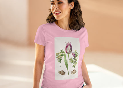 Tulip flower with Two Branches of Myrtle and Shells Cotton Tee