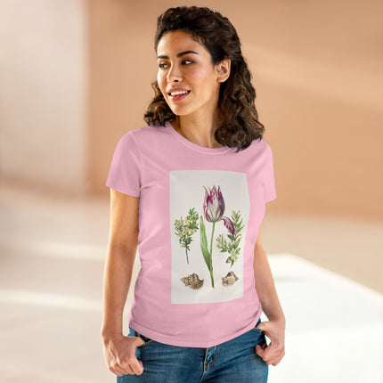 Tulip flower with Two Branches of Myrtle and Shells Cotton Tee