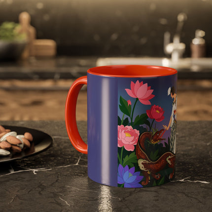 The Lady And The Garden Dragon Colorful Mugs – Art Deco Mythical Botanical Elegance