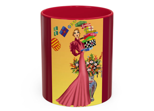 Elegant Holiday Woman with Gifts Colorful Mugs (11oz, 15oz)