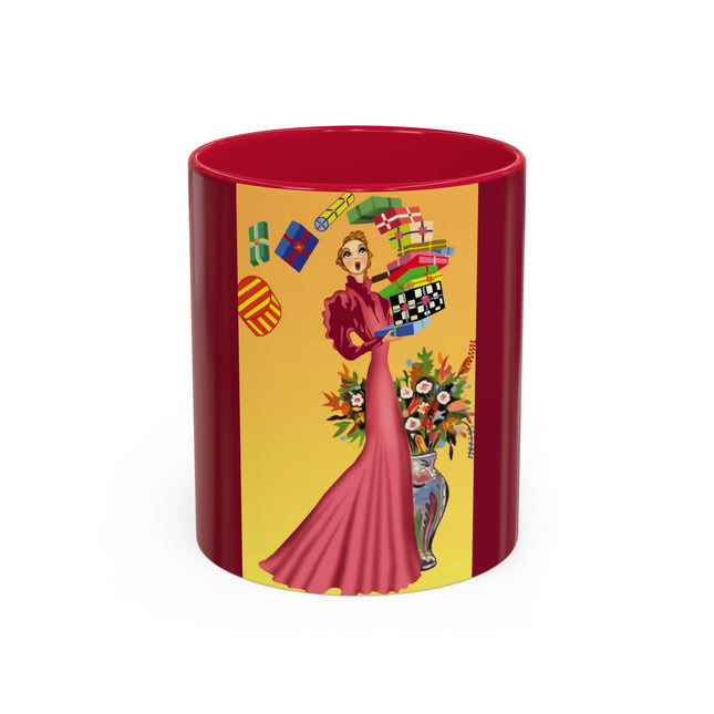 Elegant Holiday Woman with Gifts Colorful Mugs (11oz, 15oz)