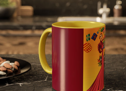 Elegant Holiday Woman with Gifts Colorful Mugs (11oz, 15oz)