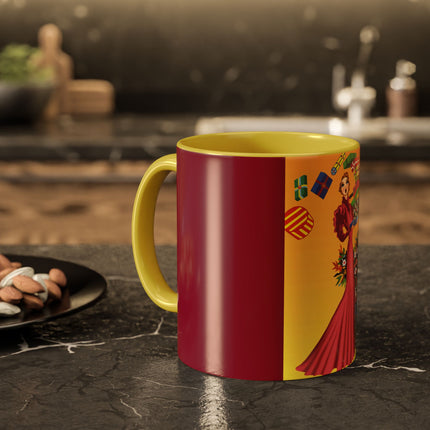Elegant Holiday Woman with Gifts Colorful Mugs (11oz, 15oz)
