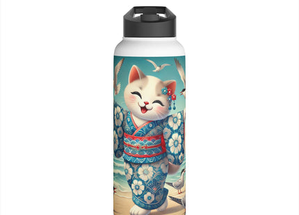 Geisha Kitten by the Seaside Stainless Steel Water Bottle, Standard Lid