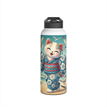 Geisha Kitten by the Seaside Stainless Steel Water Bottle, Standard Lid