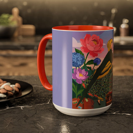 The Lady And The Crimson Birdcage Colorful Mugs – Art Deco Tropical Garden Elegance
