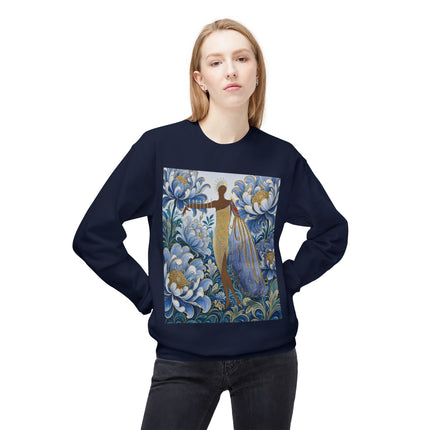 💙✨ The Lady Of The Gilded Blue Blossom Garden Midweight Crewneck Sweatshirt – Art Deco Floral Elegance