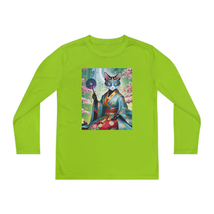 Cyberpunk Geisha Youth Long Sleeve Competitor Tee – Neon Elegance & Futuristic Fantasy