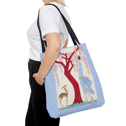 Woman, Fawn, and Red Tree by George Barbier Tote Bag (AOP)