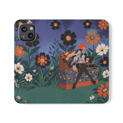 🌺🐈 The Lady Of The Midnight Garden Cat Flip Case – Art Deco Floral Fantasy