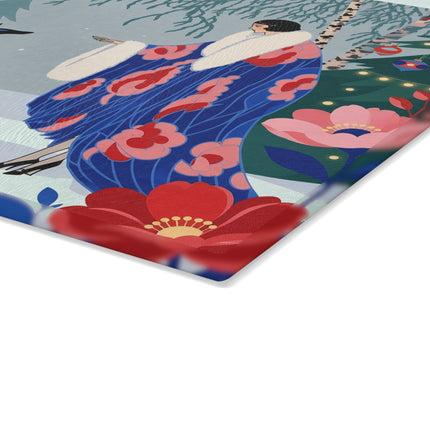 🦌🌲 The Lady Of The Christmas Forest Glass Cutting Board – Art Deco Holiday Elegance