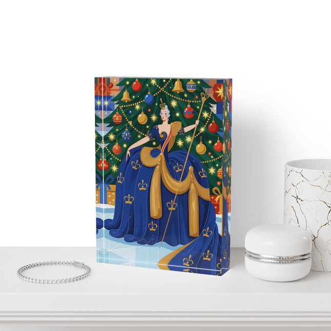 👑🎄 The Christmas Queen Of Golden Bells Acrylic Art Block – Art Deco Holiday Elegance