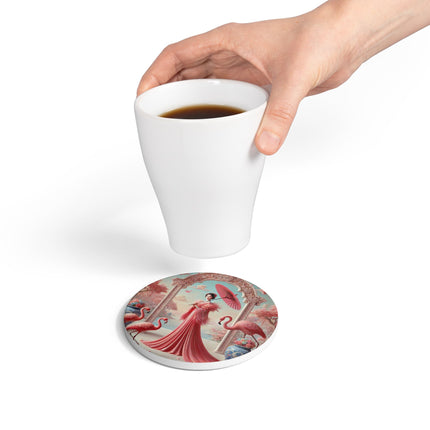 Petals, Porcelain, and Flamingos Ceramic Coaster