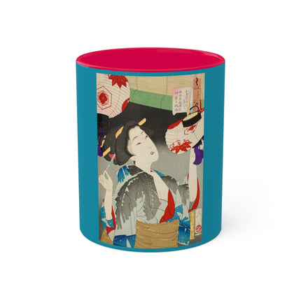 Looking Observant; The Appearance of a Kyoto Waitress of the Meiji Era by Tsukioka Yoshitoshi Colorful Mugs, 11oz