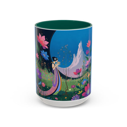 The Lady And The Moonlit Peak Colorful Mugs – Art Deco Alpine Garden Elegance