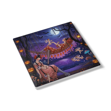 🌙🎃 Moonlit Mischief In The Pumpkin Grove Ceramic Coaster – Whimsical Halloween Fantasy