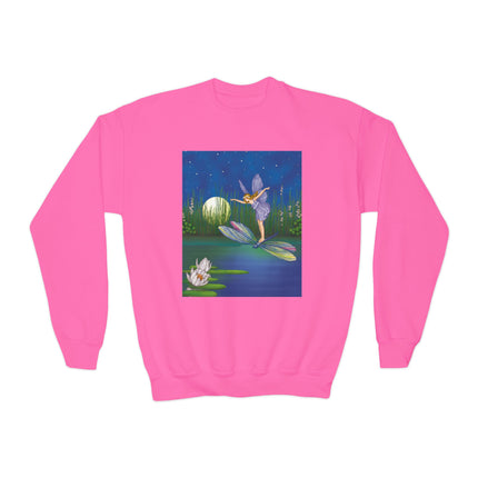 Fairy on a Dragonfly Youth Crewneck Sweatshirt – Enchanting Moonlit Fantasy