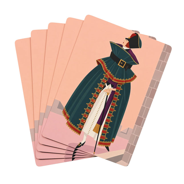 🎩🏰 The Lady Of The Grand Cavalier Cape Playing Cards – Art Deco Fashion Illustration