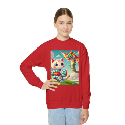 Geisha Kitten and the Dragon Kite Youth Crewneck Sweatshirt – Freedom, Motion & Playful Spirit