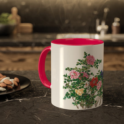 Peonies and Birds by Okamoto Shuki Colorful Mugs, 11oz