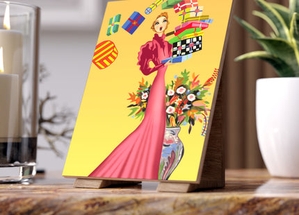 Elegant Holiday Woman with Gifts Ceramic Tile