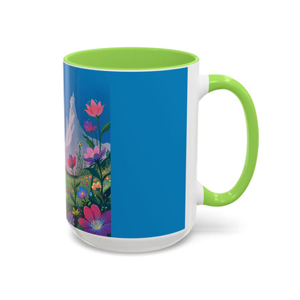 The Lady And The Moonlit Peak Colorful Mugs – Art Deco Alpine Garden Elegance