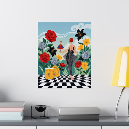 🌹🎭 The Lady And The Little Dancing Doll Matte Vertical Poster – Art Deco Floral Whimsy
