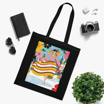 🎄🌸 The Christmas Blossom Belle Cotton Tote Bag – Art Deco Holiday Whimsy