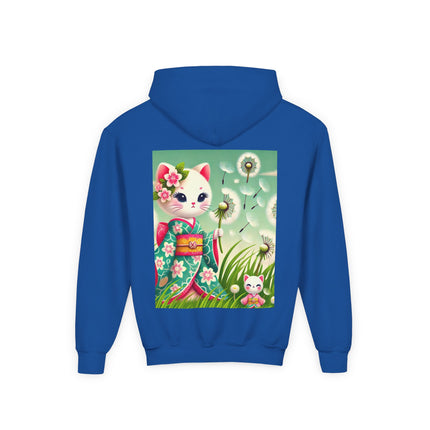 Geisha Kitten and the Dandelion Wish Youth Hooded Sweatshirt – Soft Dreams & Gentle Wonder