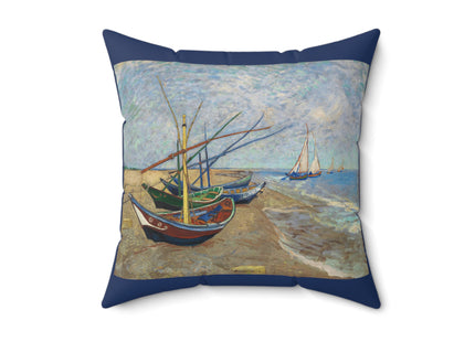 Fishing Boats on the Beach at Saintes-Maries by Vincent Van Gogh Spun Polyester Square Pillow