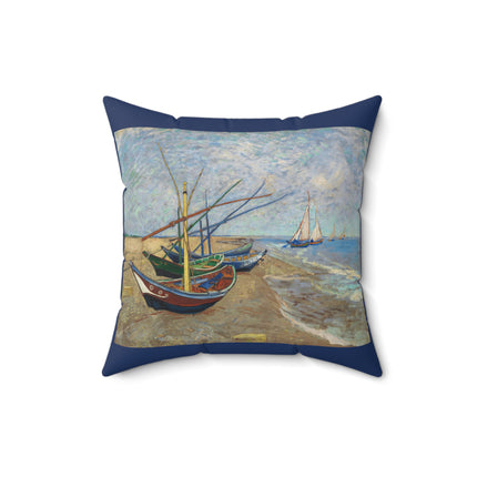 Fishing Boats on the Beach at Saintes-Maries by Vincent Van Gogh Spun Polyester Square Pillow
