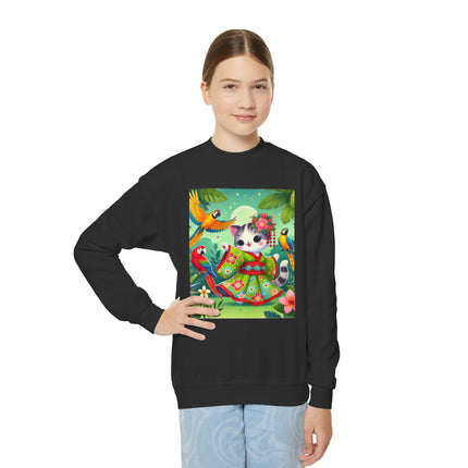 Parrot Dance of the Geisha Kitten Youth Crewneck Sweatshirt – Color, Rhythm & Joyful Expression