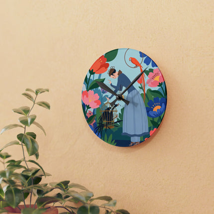 🌺🦜 The Lady Of The Enchanted Aviary Acrylic Wall Clock – Art Deco Floral Garden