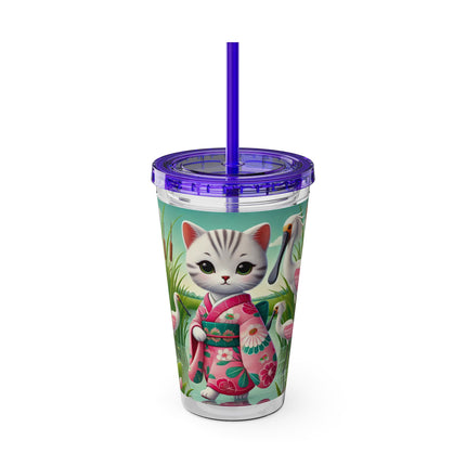 Geisha Kitten Strolls Among the Spoonbills Sunsplash Tumbler with Straw, 16oz