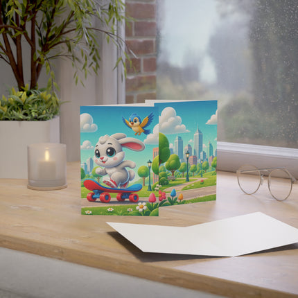 🐰🛹 The Little Bunny Skateboard Ride Greeting Card – Whimsical Animal Adventure