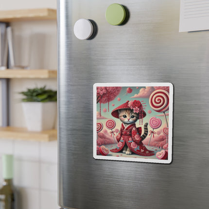 Whimsical Geisha Kitten in a Valentine Garden Die-Cut Magnets (5 Sizes)
