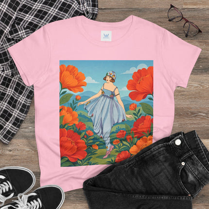 🌺🩵 The Poppy Hill Promenade Cotton Tee – Art Deco Fashion Whimsy