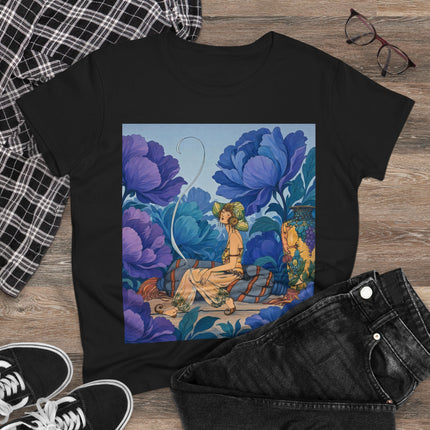 💙🌸 The Lady Among The Blue Blossoms Cotton Tee – Art Deco Floral Reverie