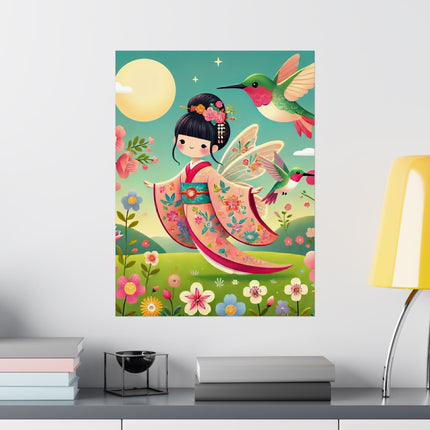 🧚🌺 Geisha Fairy and the Hummingbird Blossom Matte Vertical Poster – Grace, Wonder & Floral Magic