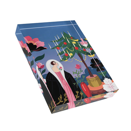 🌹🎄 The Lady Of The Candlelit Rose Tree Acrylic Art Block – Art Deco Christmas Garden