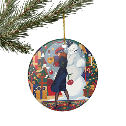 ☃️🎄 The Snowman's Christmas Companion Ceramic Ornament – Art Deco Holiday Fantasy
