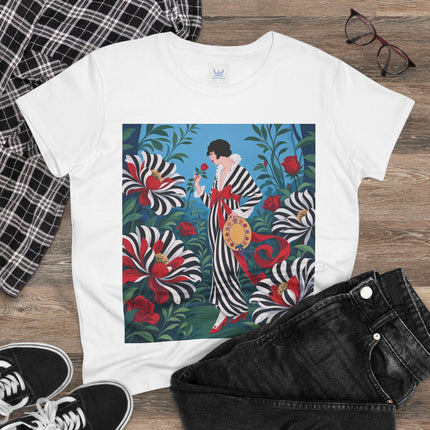 ❤️🌹 The Scarlet Striped Garden Cotton Tee – Art Deco Fashion Illustration