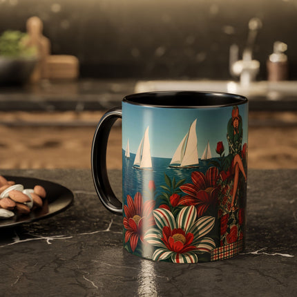 ⛵🌹 The Seaside Rose Traveler Colorful Mug – Art Deco Floral Elegance